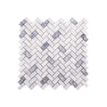 Sheet of Carrara White and Platinum Grey honed marble herringbone mosaic with alternating pale and grey batons
