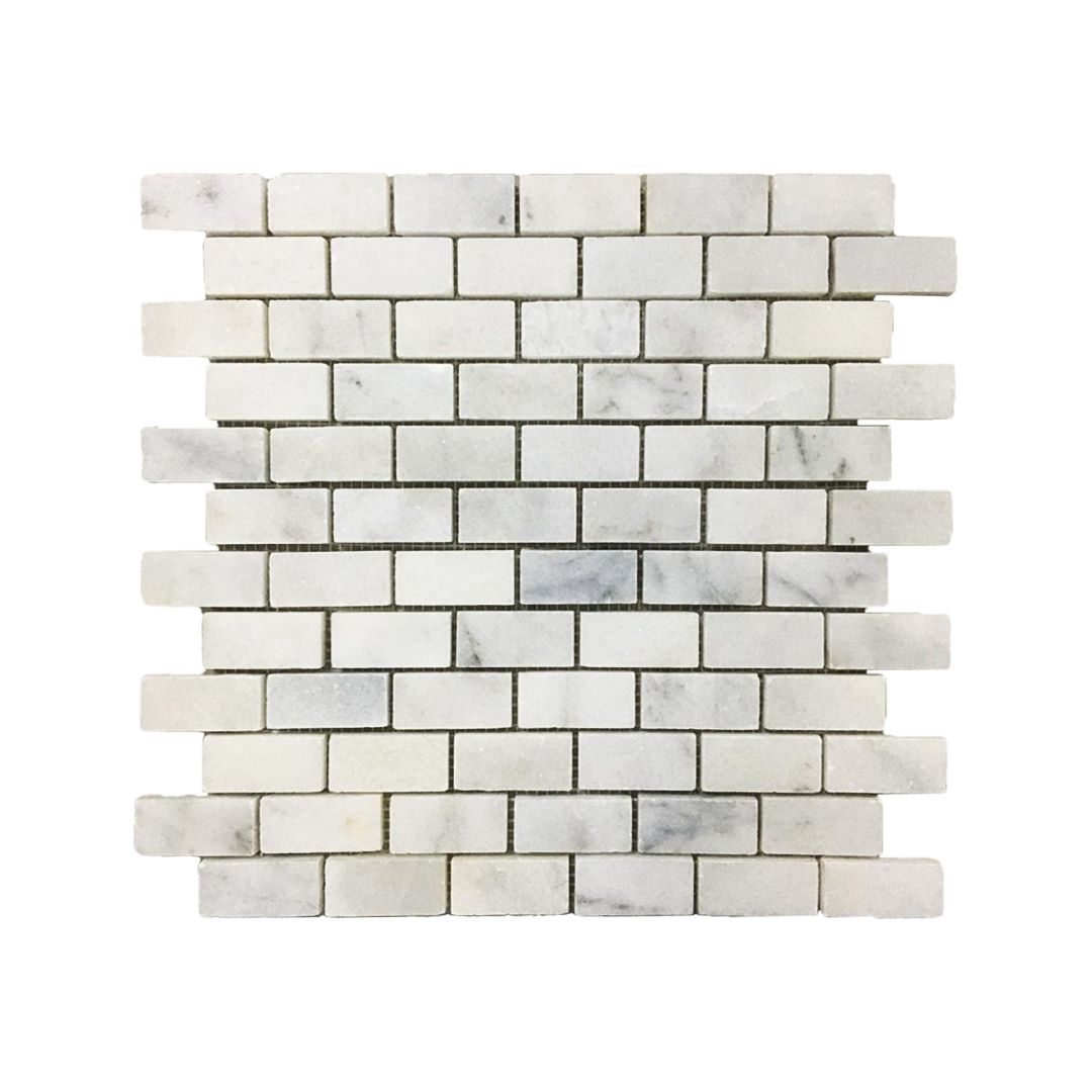 Carrara white polished marble brick mosaic sheet in staggered bond with grey veining