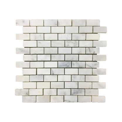 Carrara white polished marble brick mosaic sheet in staggered bond with grey veining
