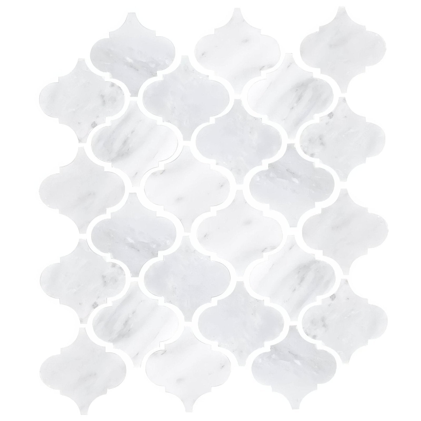 White marble mosaic tile east hampton arabesque with quatrefoil design and subtle gray veining