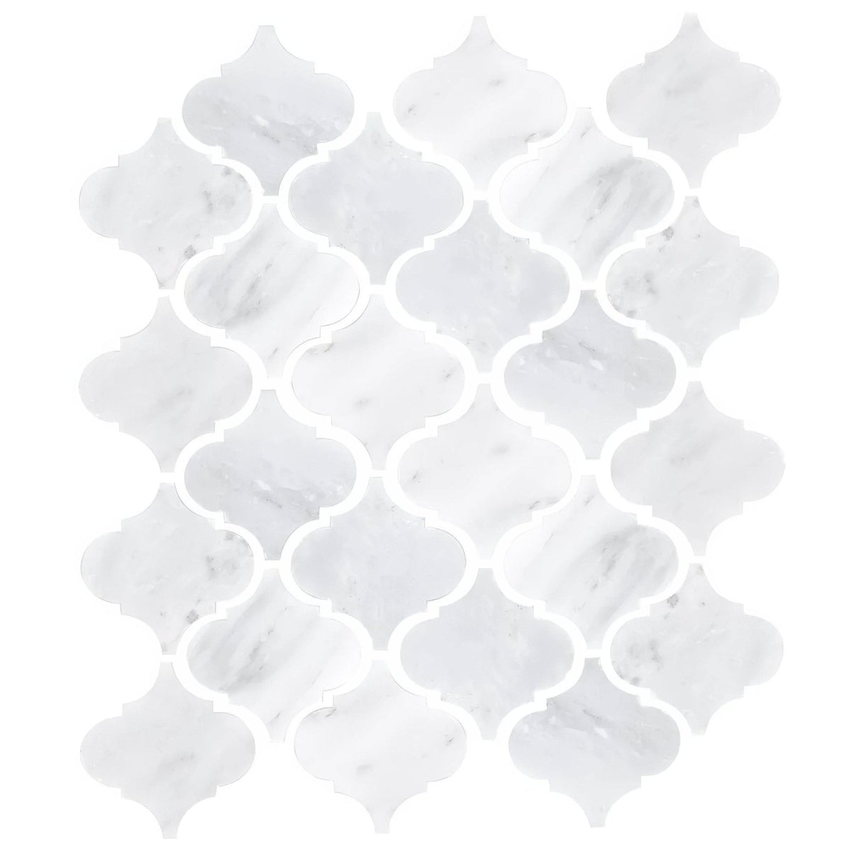 White marble mosaic tile east hampton arabesque with quatrefoil design and subtle gray veining