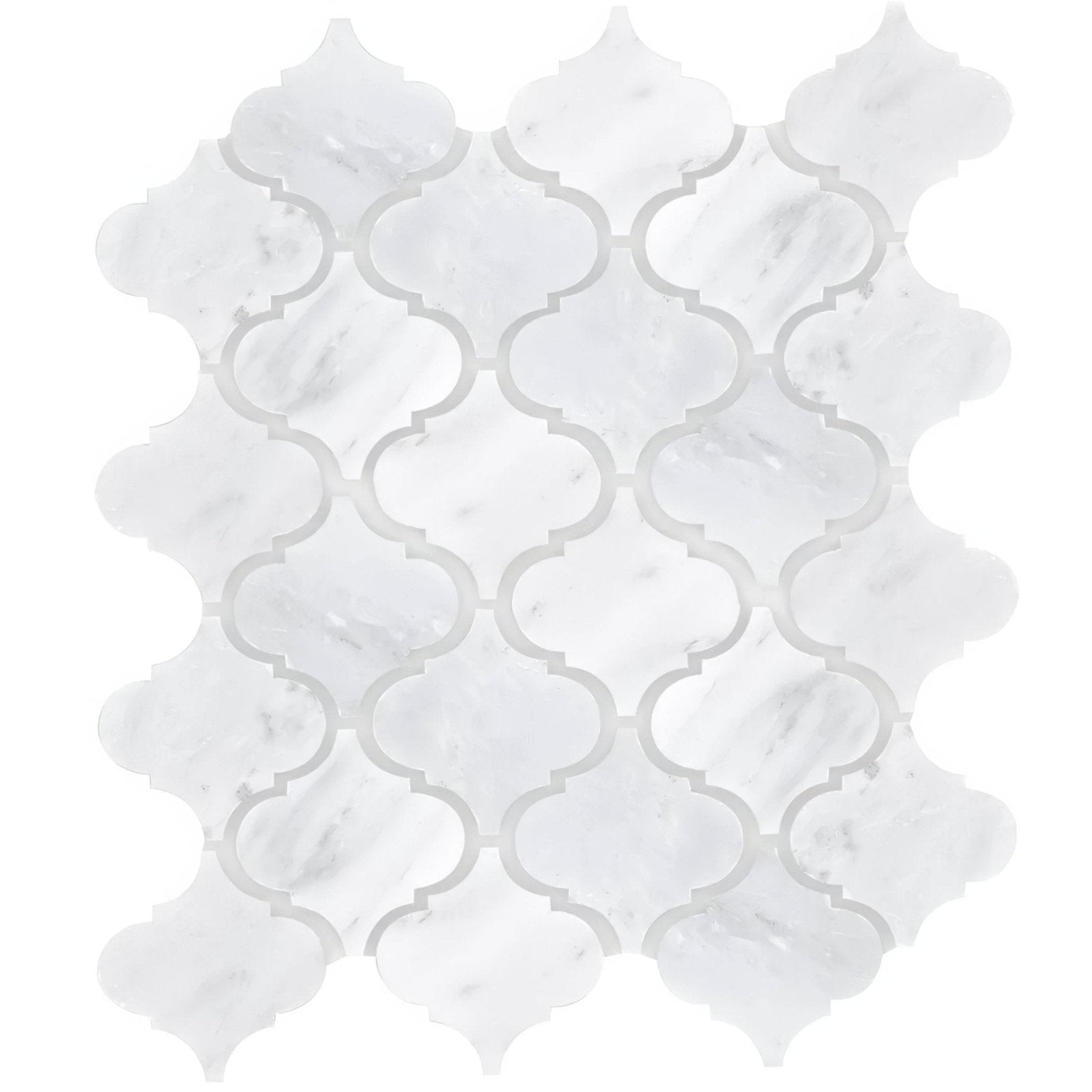 White marble mosaic tile east hampton arabesque with quatrefoil pattern and subtle gray veining