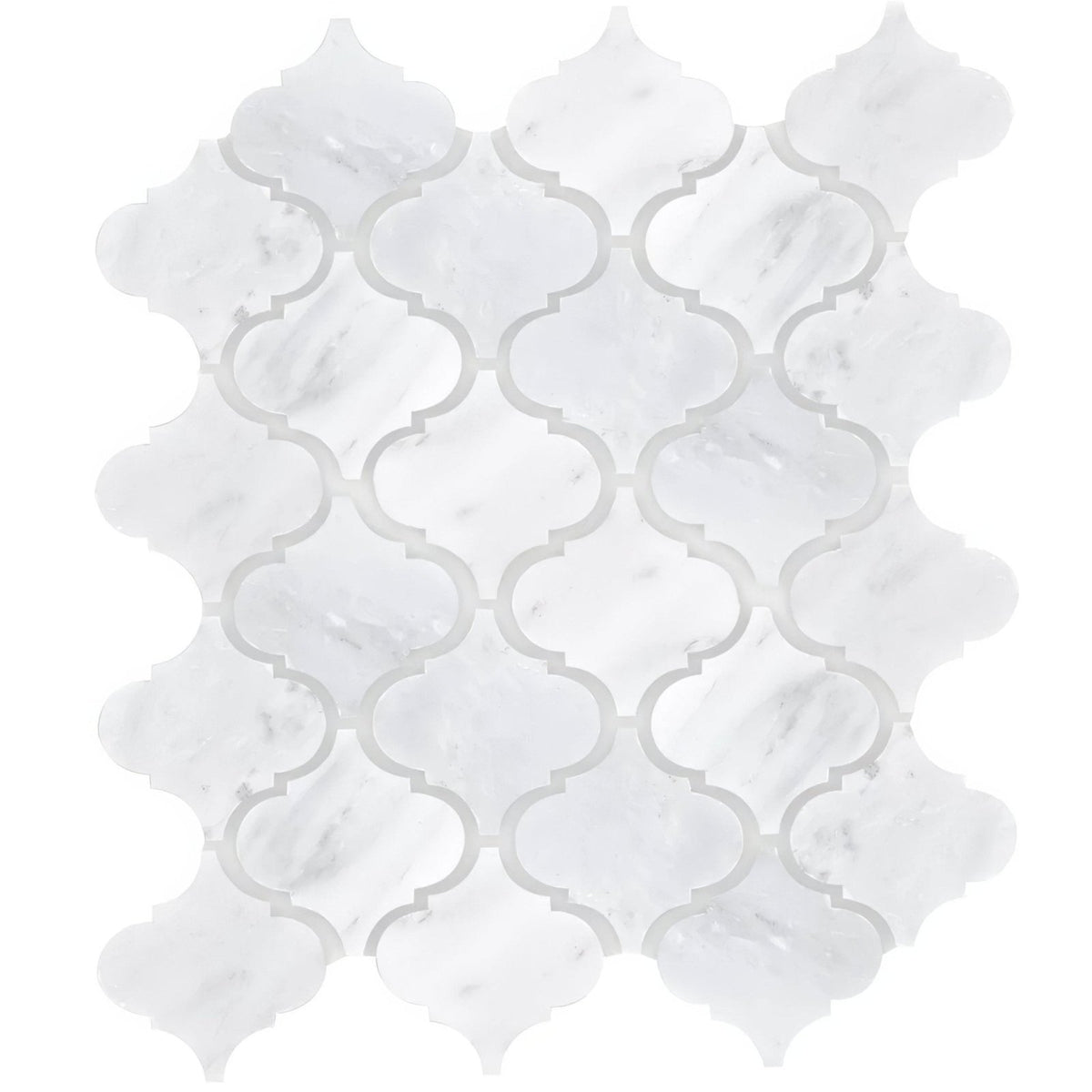 White marble mosaic tile east hampton arabesque with quatrefoil pattern and subtle gray veining