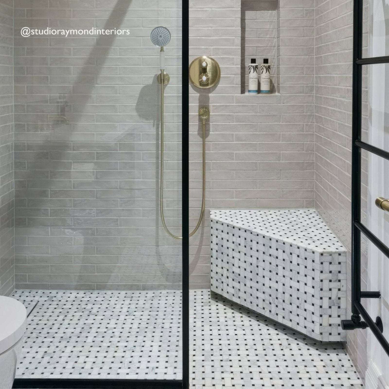East Hampton Basketweave Marble Mosaic white and black marble basketweave mosaic on a modern shower bench