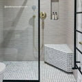 East Hampton Basketweave Marble Mosaic white and black marble basketweave mosaic on a modern shower bench