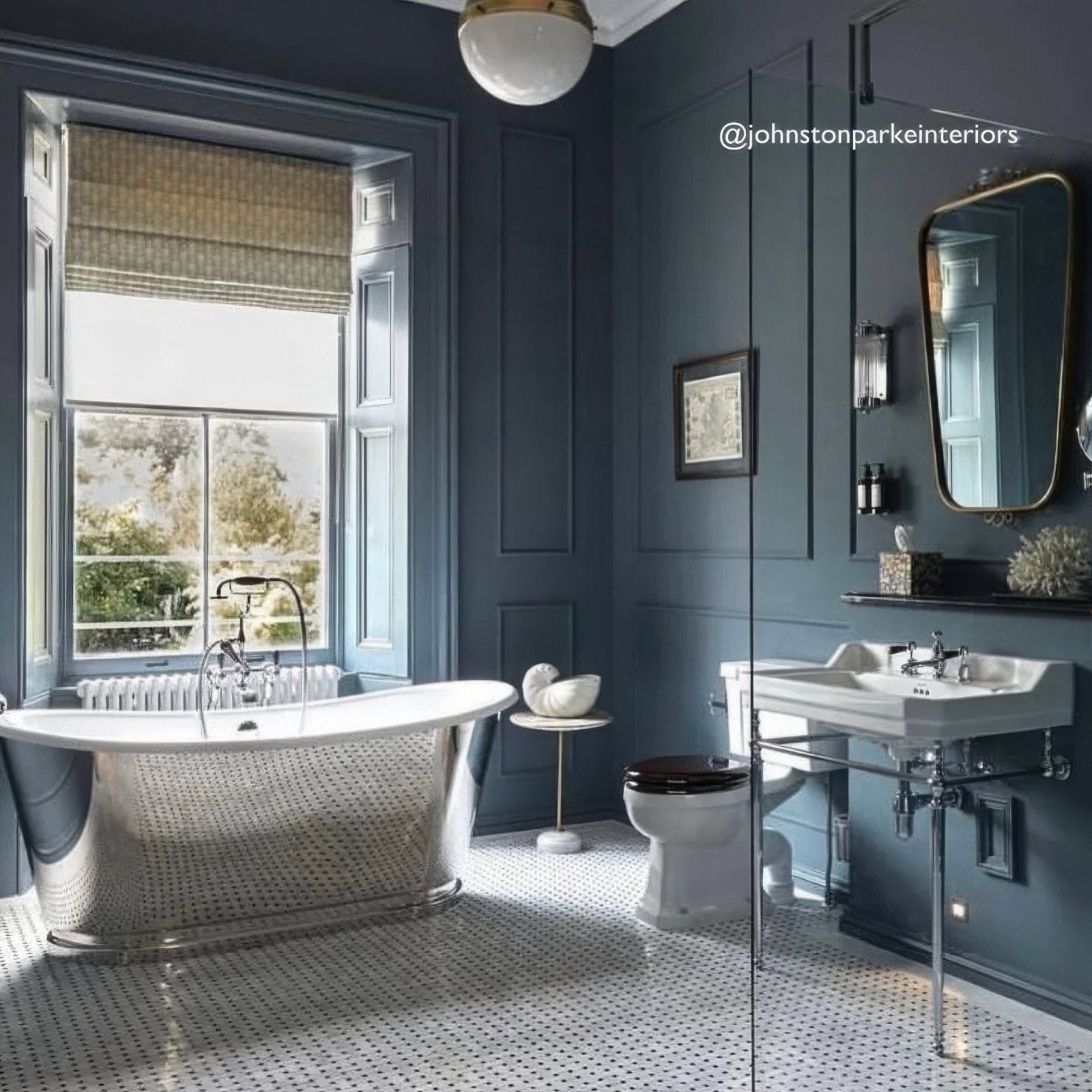 East Hampton Basketweave Marble Mosaic white and black marble basketweave mosaic with a silver freestanding bathtub