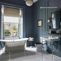 East Hampton Basketweave Marble Mosaic white and black marble basketweave mosaic with a silver freestanding bathtub