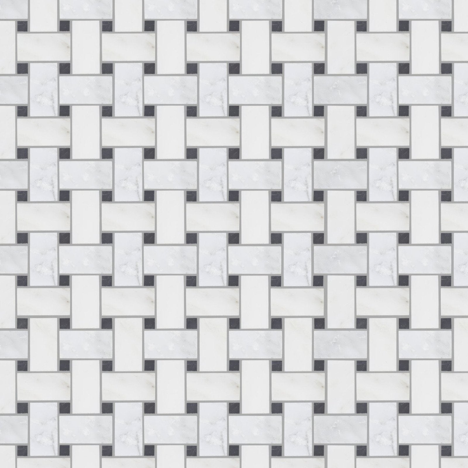 White marble mosaic tile with woven pattern and dark gray grout from east hampton basketweave collection