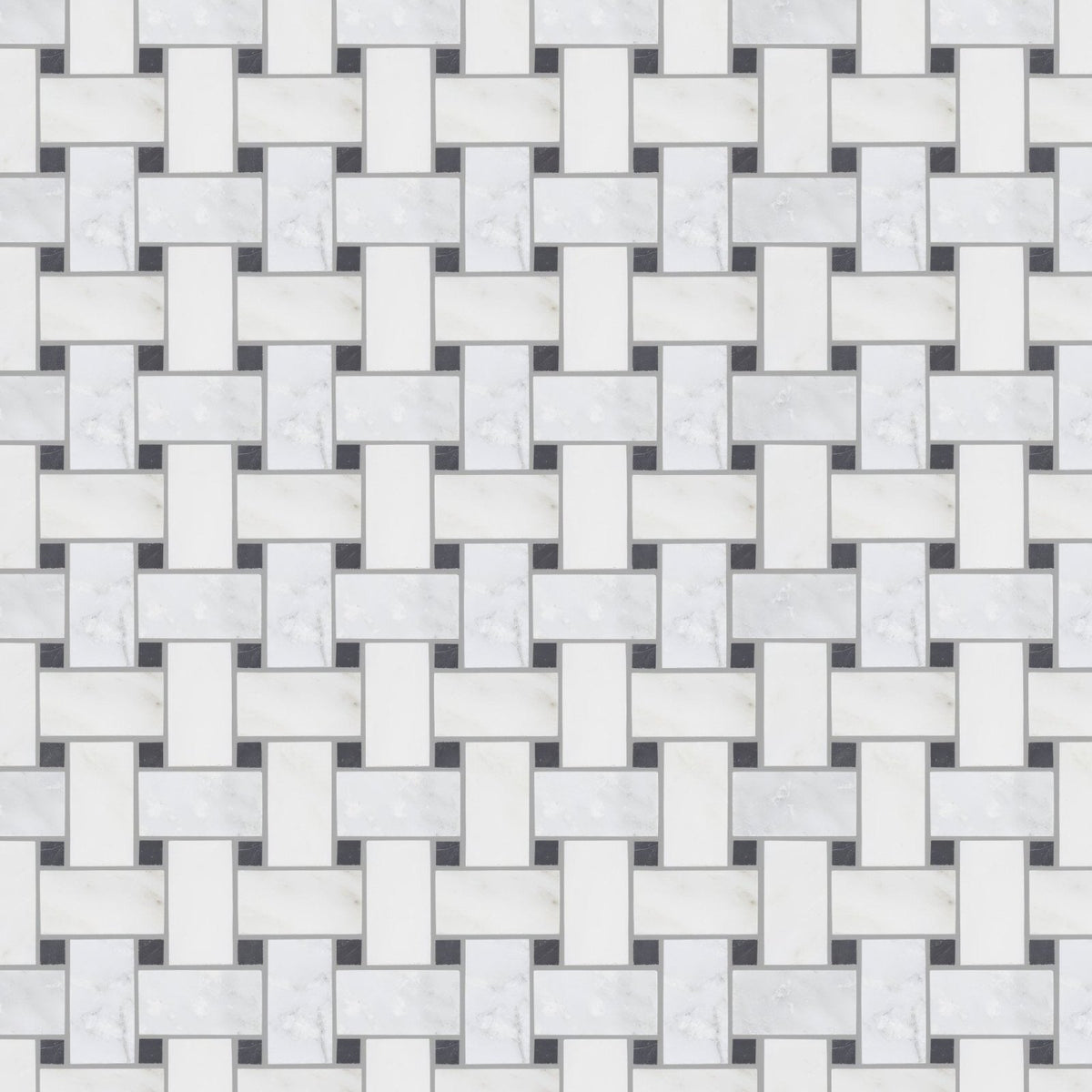 White marble mosaic tile with woven pattern and dark gray grout from east hampton basketweave collection