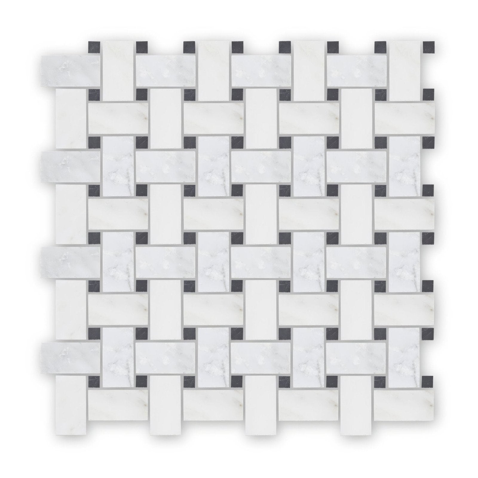 White marble mosaic tile in east hampton basketweave pattern with dark gray rectangular accents for wall and floor use