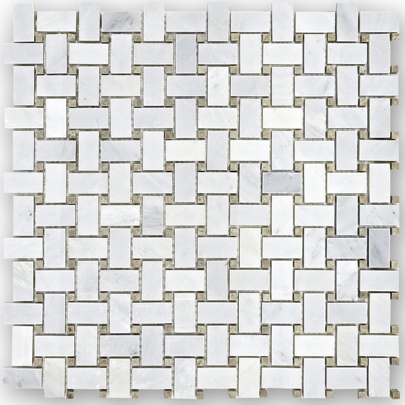 White marble mosaic tile in a woven basketweave pattern from east hampton emperador collection