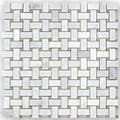 White marble mosaic tile in a woven basketweave pattern from east hampton emperador collection