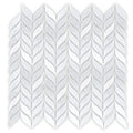 White marble mosaic tile with a leaf-like interlocking pattern from East Hampton Willow Leaf collection