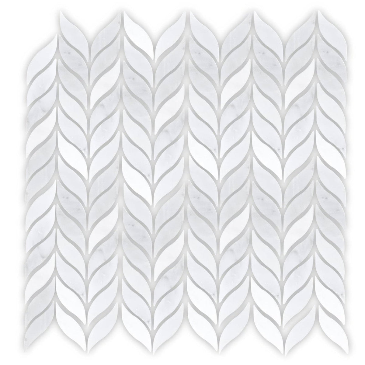 White marble mosaic tile with a leaf-like interlocking pattern from East Hampton Willow Leaf collection