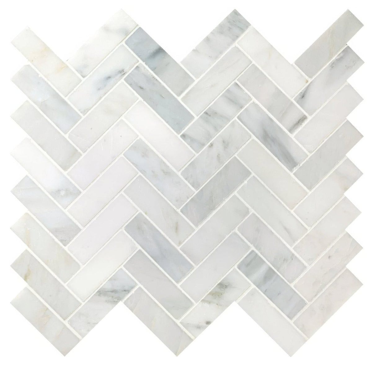 East Hampton Harbour View herringbone marble mosaic white tile with subtle gray veining and a herringbone pattern