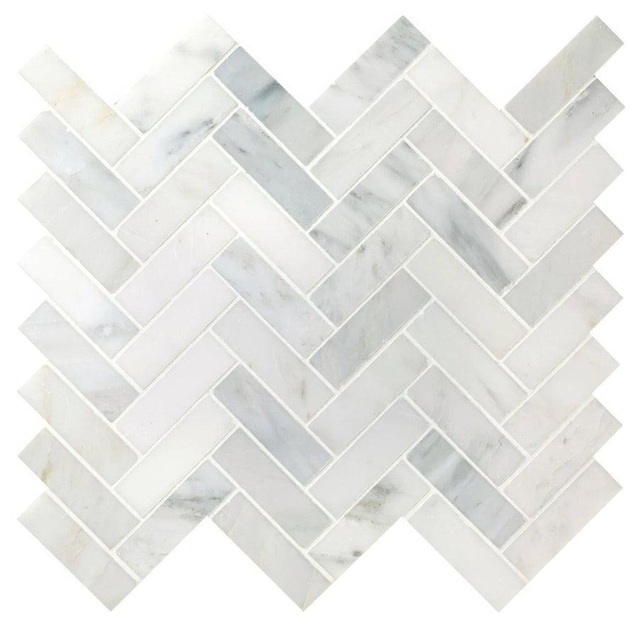 East Hampton Harbour View herringbone marble mosaic white tile with subtle gray veining and a herringbone pattern