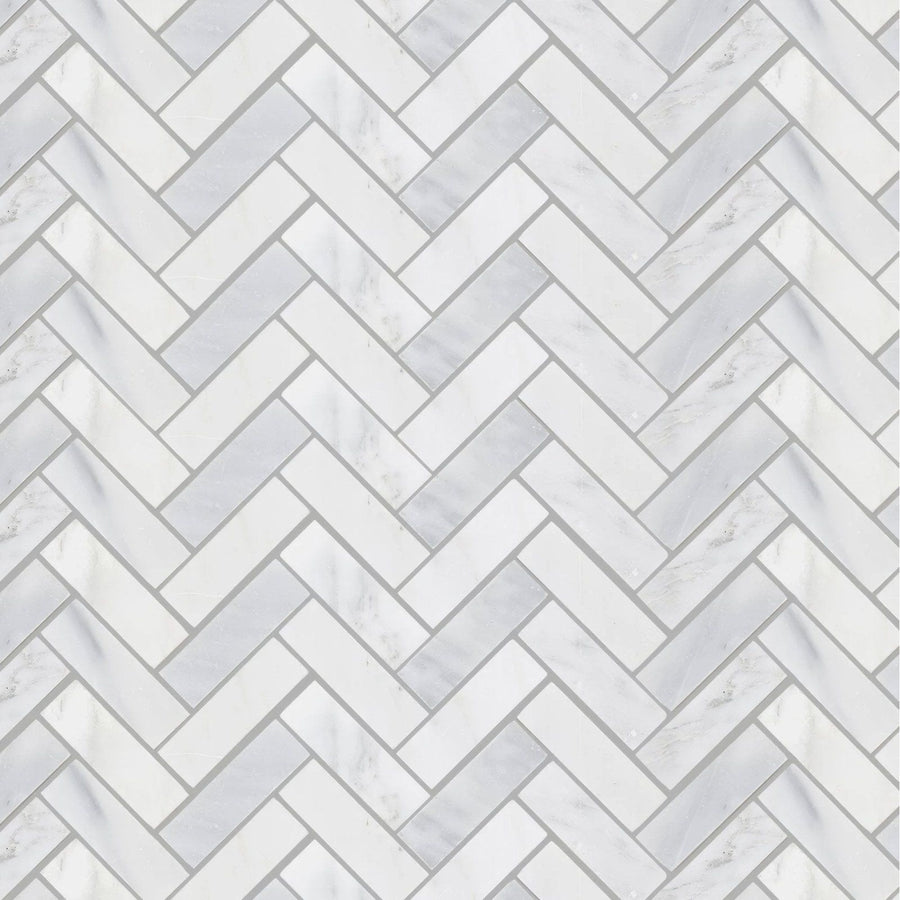 East Hampton Harbour View herringbone marble mosaic features white marble tiles arranged in a herringbone pattern