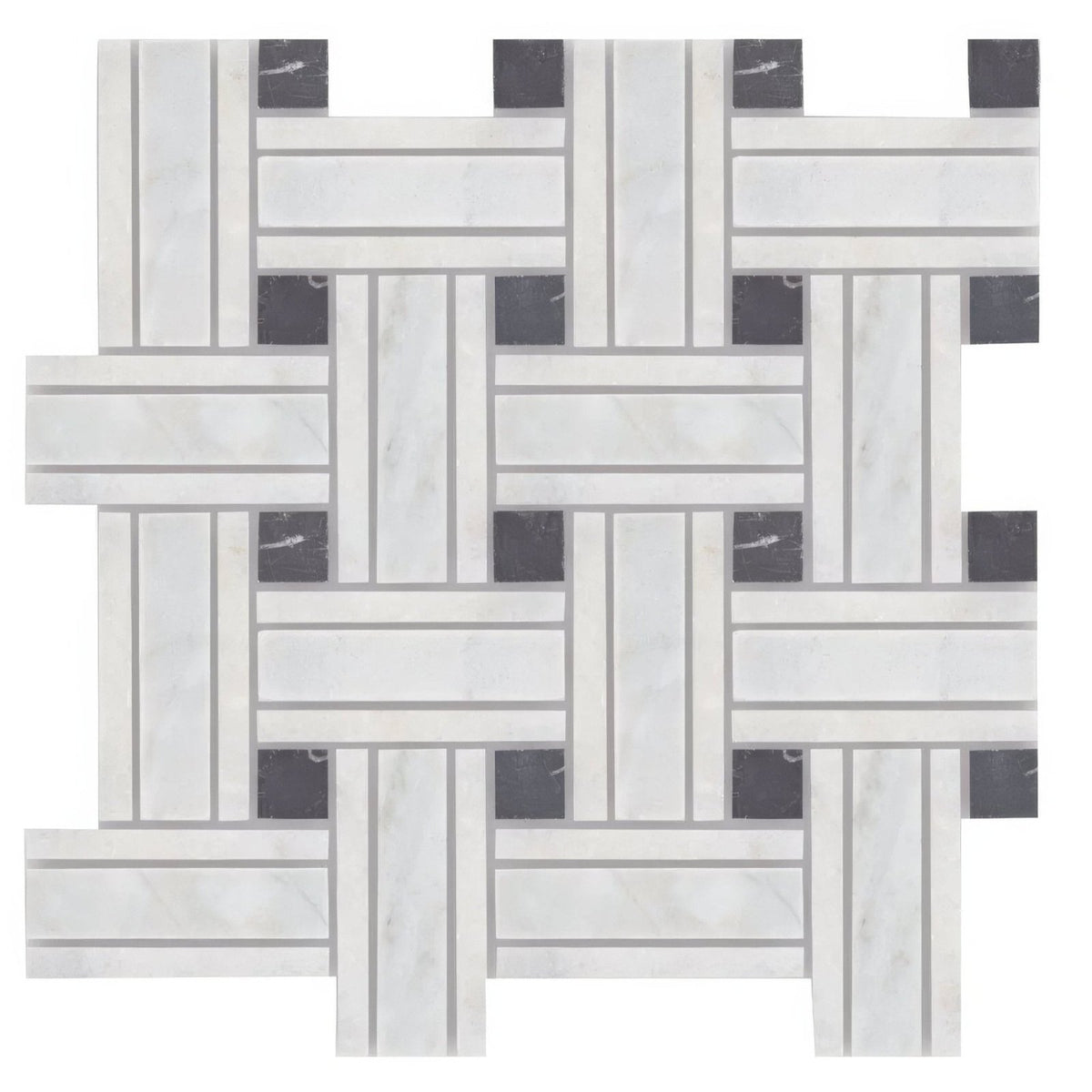 East Hampton lattice marble mosaic tile features a white and black marble basketweave pattern for elegant flooring