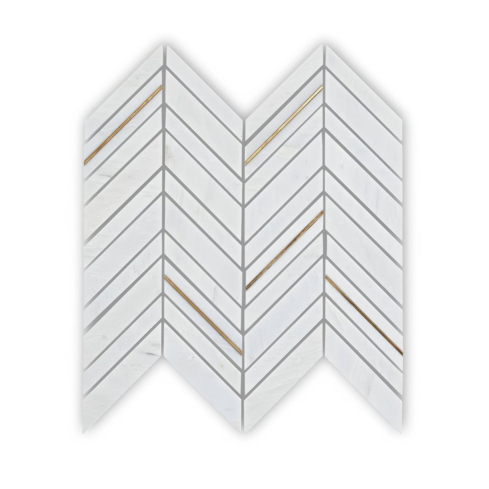 East Hampton marble chevron mosaic tile in white marble with a chevron pattern and thin gold metallic strips