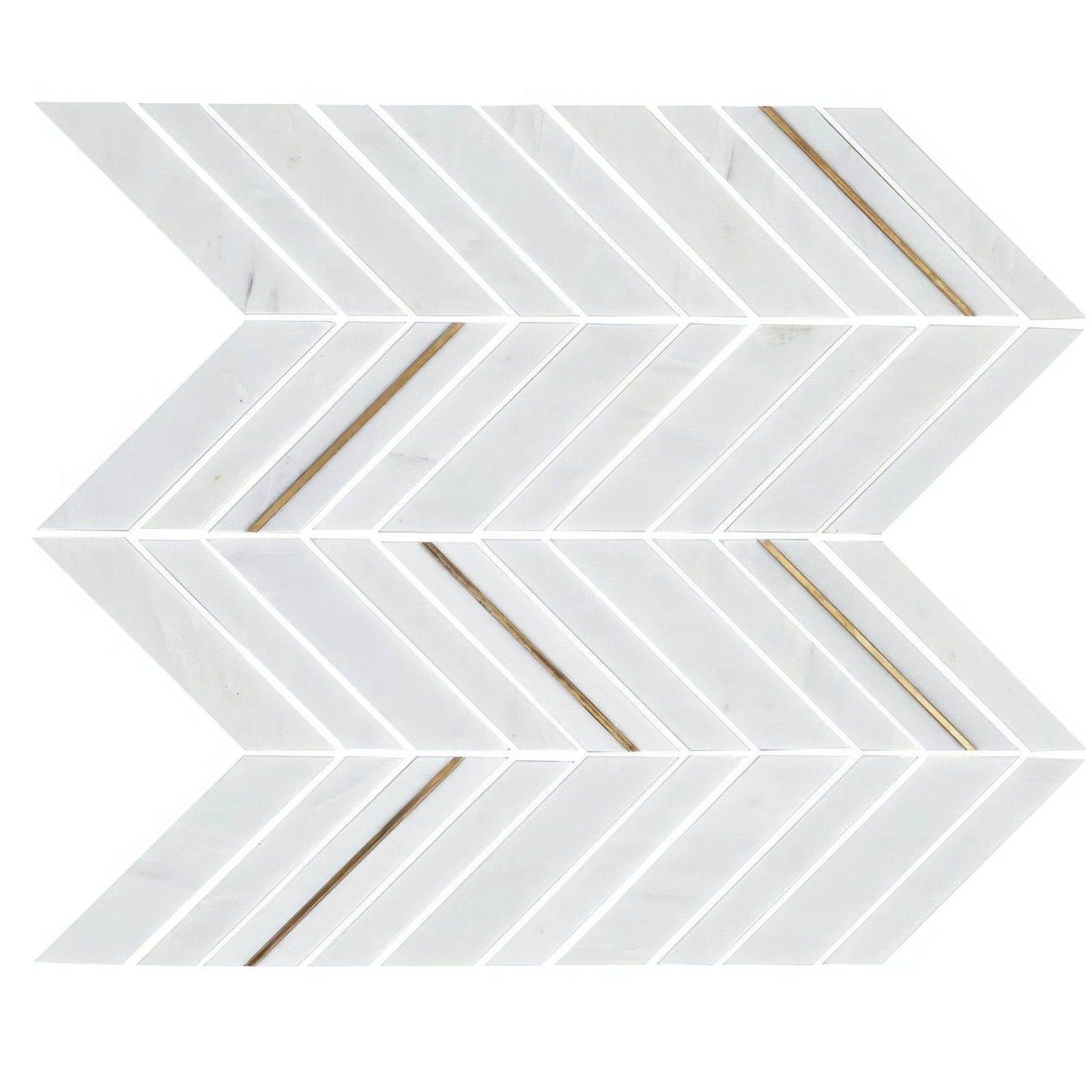 East Hampton marble chevron mosaic with white marble tile and gold metallic accent stripes in a chevron pattern