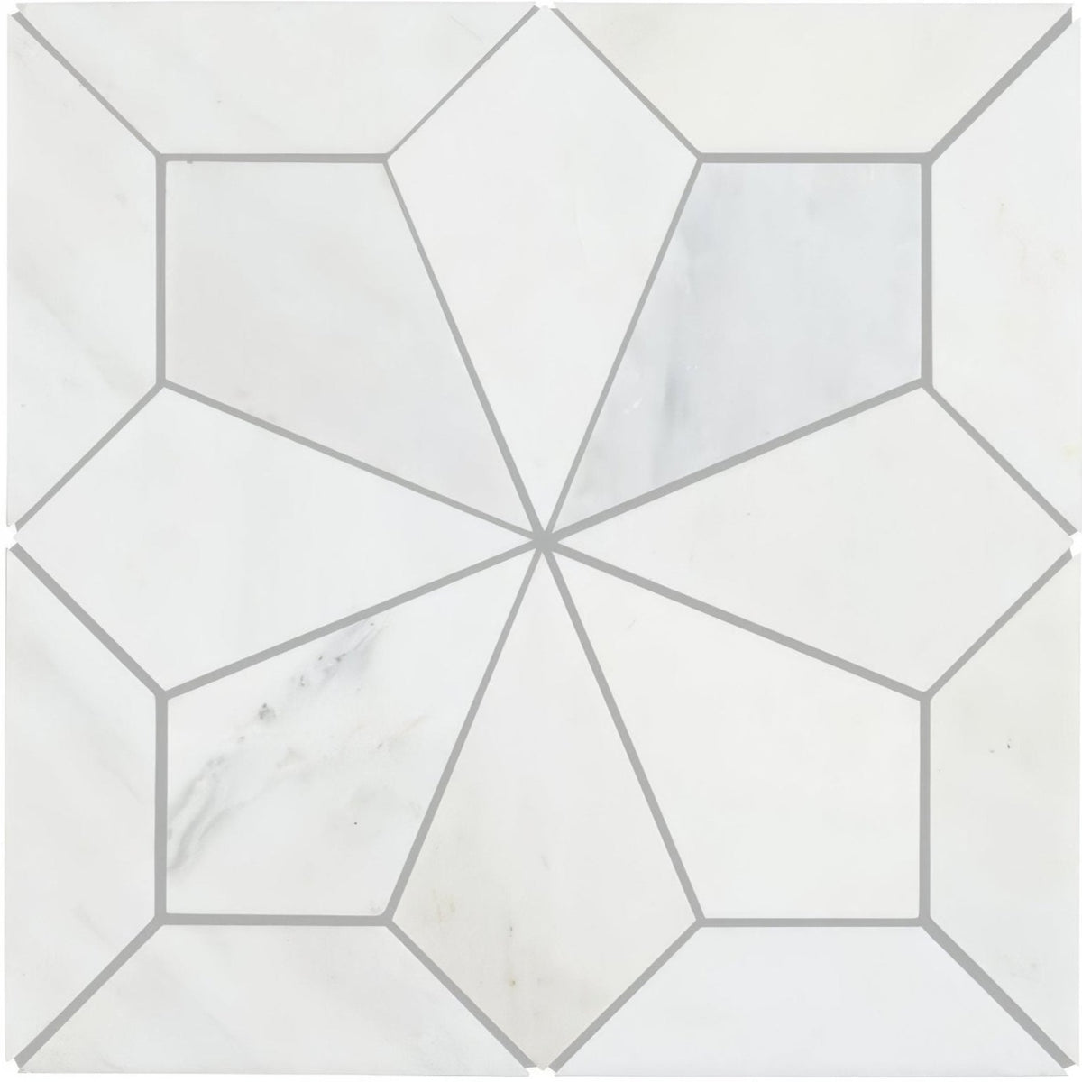 East hampton nova star marble mosaic tile featuring white marble with a geometric starburst pattern and gray grout lines
