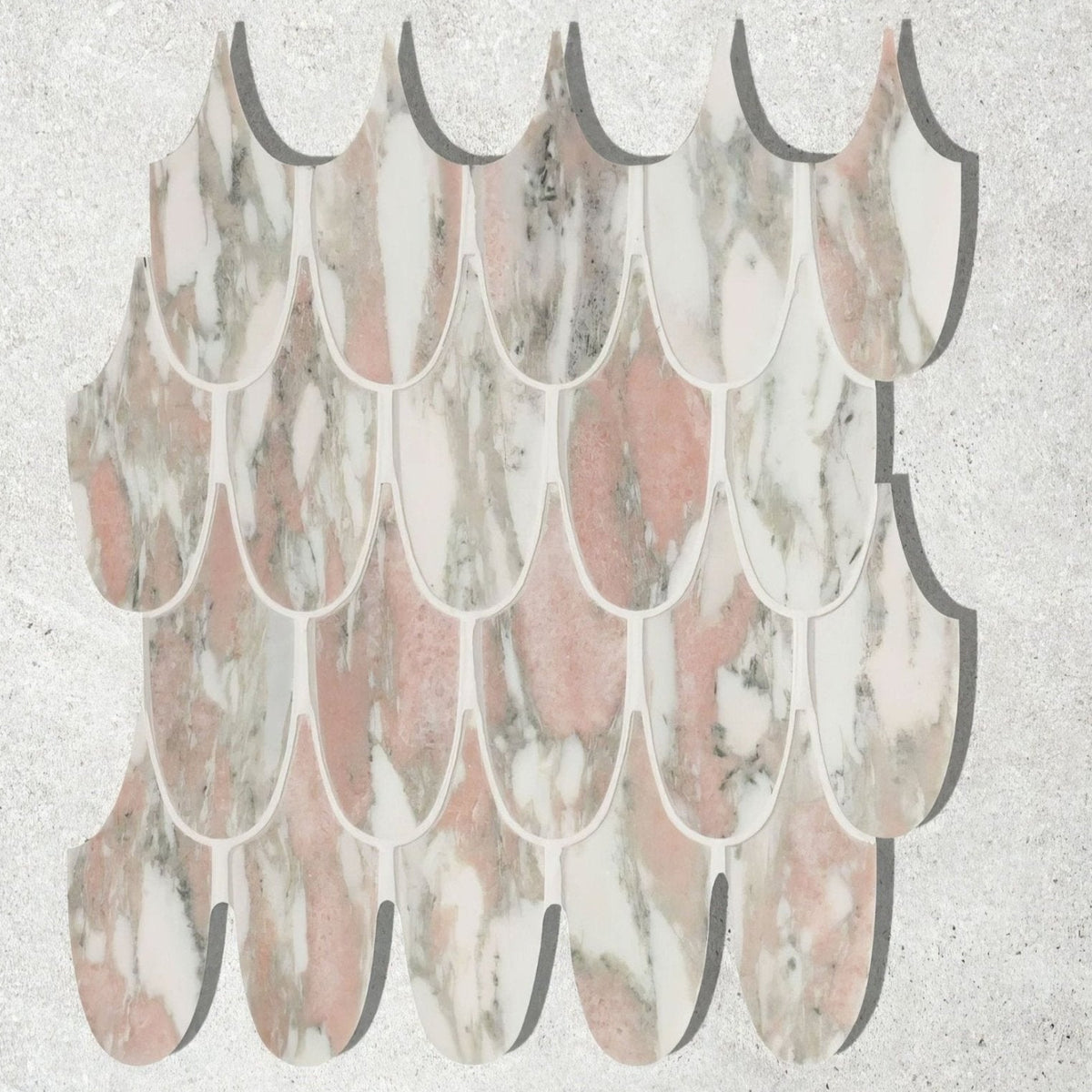 Pink and gray marble fish scale mosaic tile from east java flamingo marble plume mosaic collection