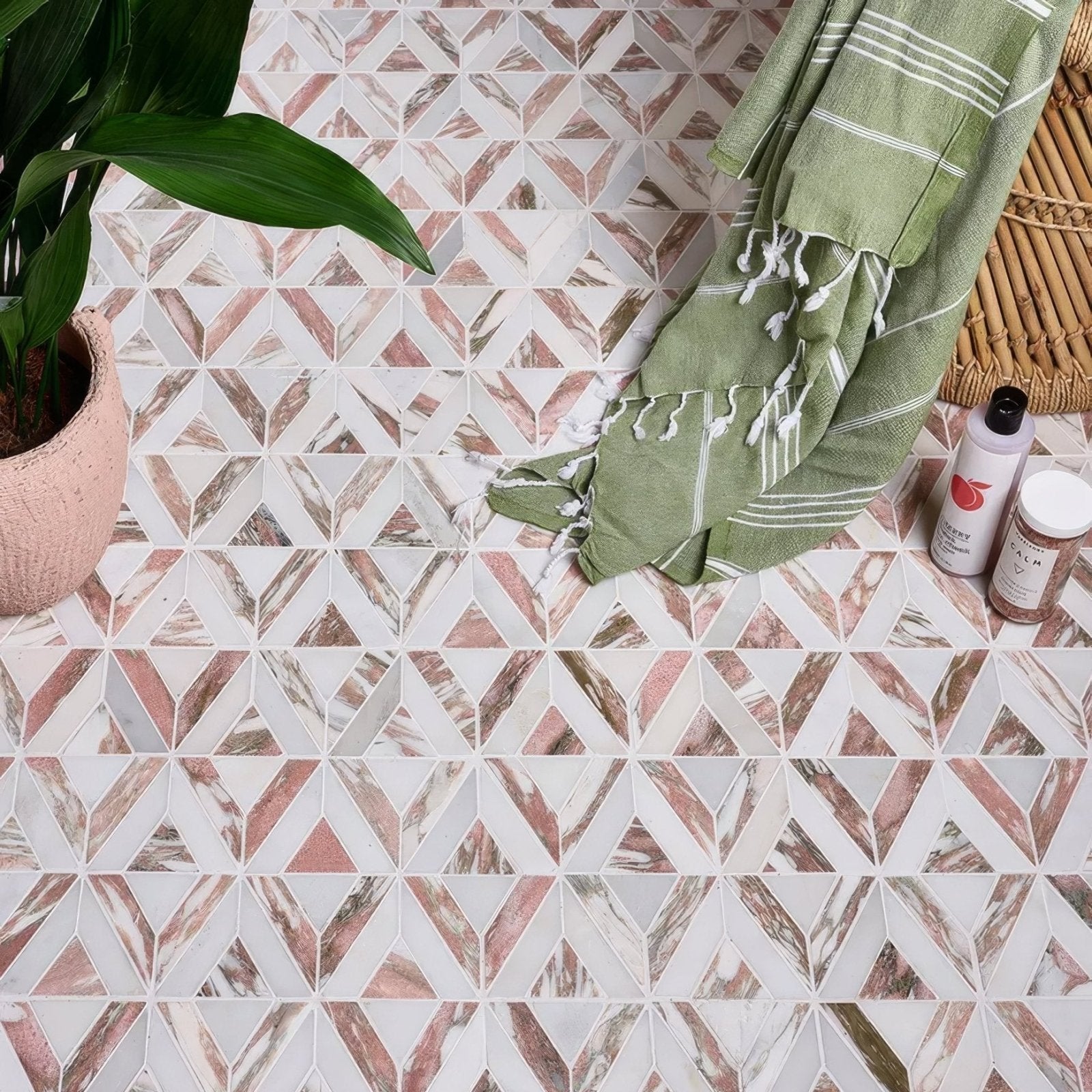 East java flamingo marble temple mosaic geometric tile floor with interlocking triangles in white rose quartz and gray marble