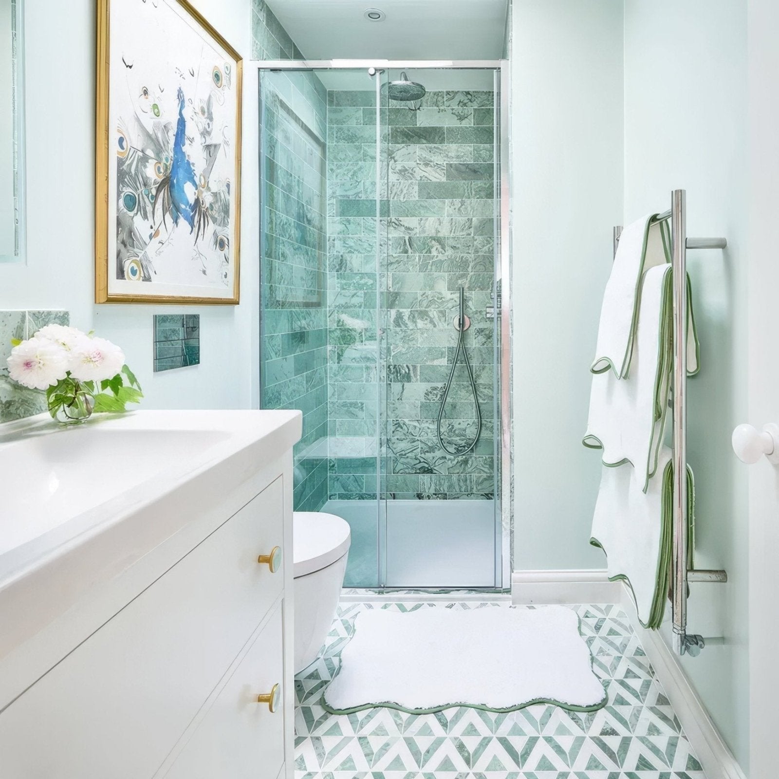 East Java Hummingbird Marble Honed Brick green marble honed brick tiles in a glass shower enclosure