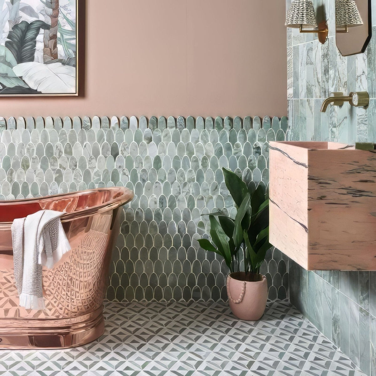 East Java Hummingbird Marble Plume Mosaic light green marble fish-scale mosaic with a copper diamond-patterned bathtub
