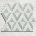 East java hummingbird marble temple mosaic geometric tile panel with interlocking light green and white marble triangles