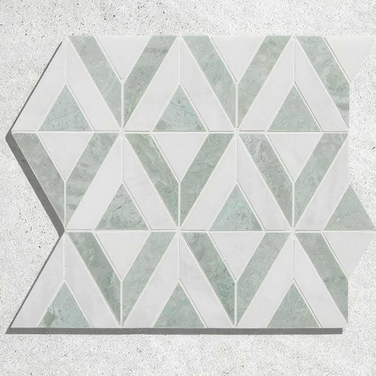 East java hummingbird marble temple mosaic geometric tile panel with interlocking light green and white marble triangles