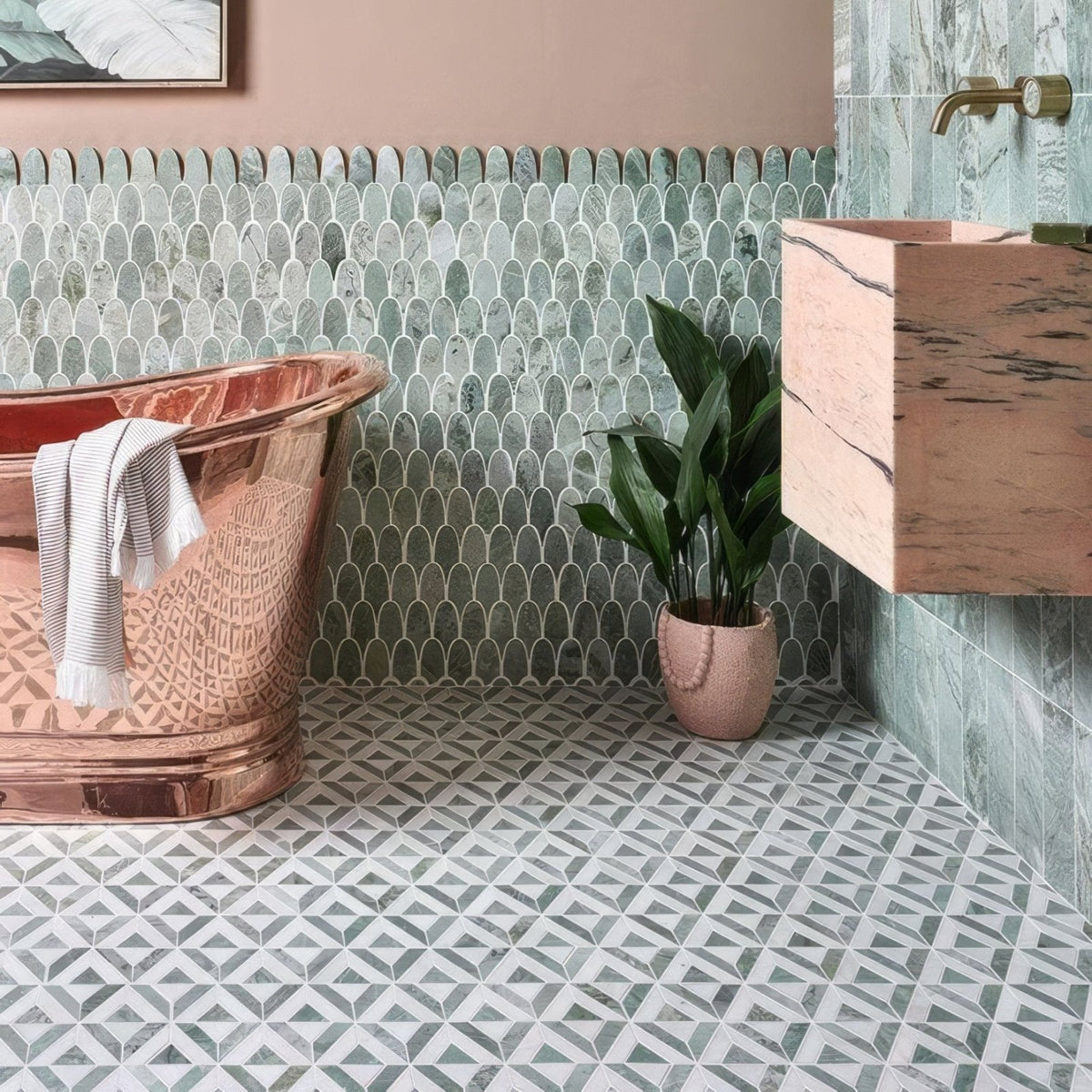 East Java Hummingbird Marble Temple Mosaic light green and white marble triangle mosaic with a copper bathtub