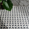 Black and white marble porcelain basketweave mosaic tile in bianco pattern for east village design