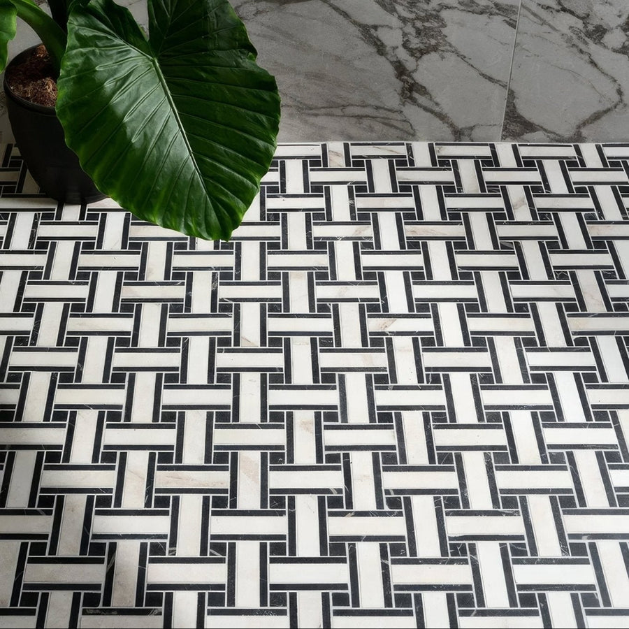 Black and white marble porcelain basketweave mosaic tile in bianco pattern for east village design
