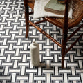 East Village Porcelain Basketweave Mosaic Bianco black and white marble porcelain basketweave mosaic with a white porcelain bottle
