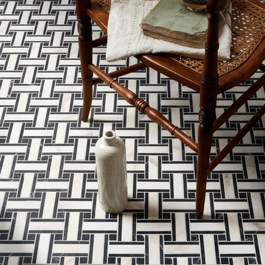 East Village Porcelain Basketweave Mosaic Bianco black and white marble porcelain basketweave mosaic with a white porcelain bottle