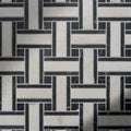 East Village porcelain basketweave mosaic Bianco featuring black and white marble geometric woven pattern tile