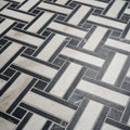 Black and white marble porcelain tile with herringbone basketweave mosaic pattern east village bianco