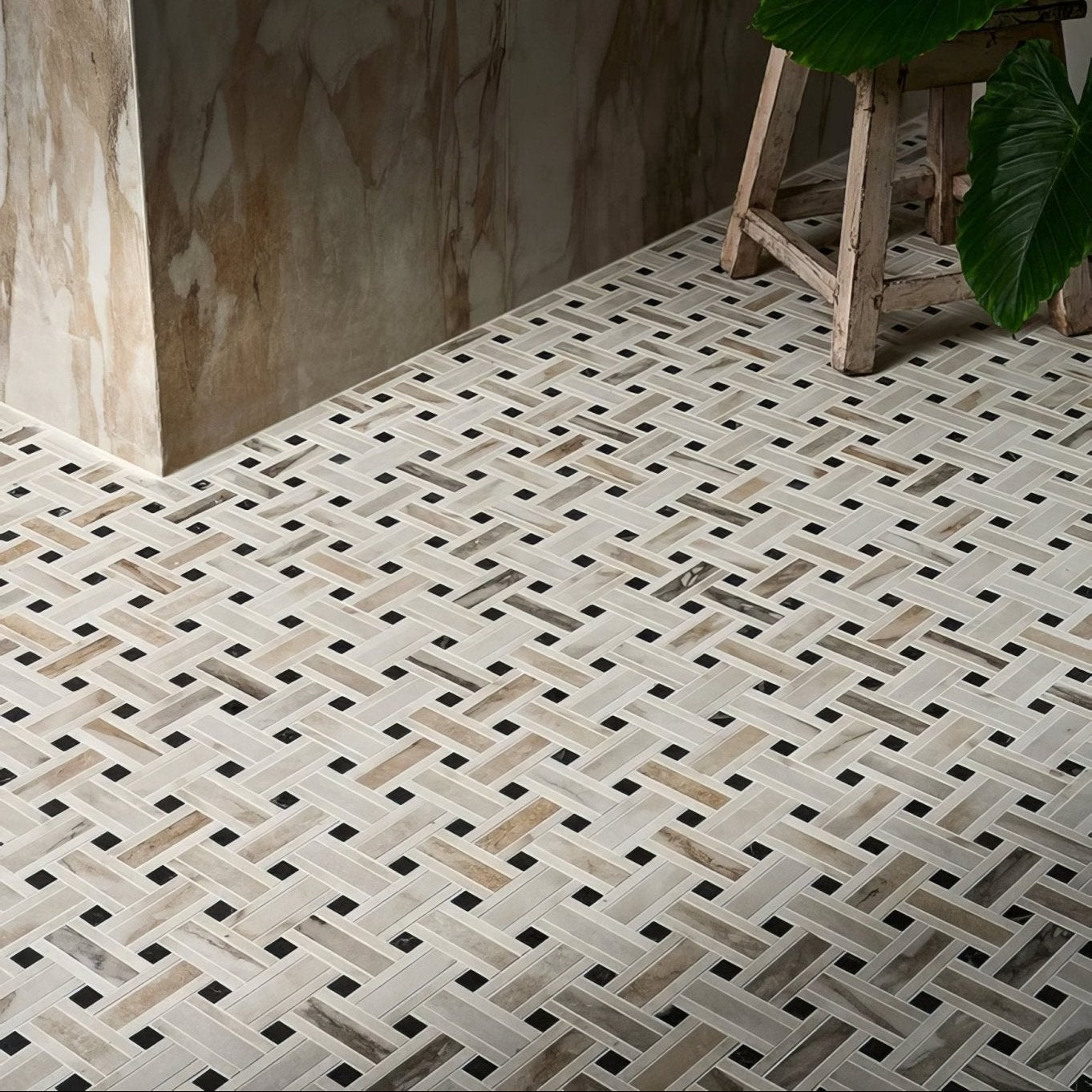 Beige and gray marble-effect porcelain basketweave mosaic tile with herringbone pattern accentuated by black squares