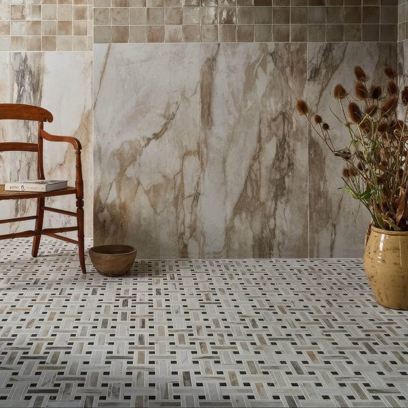 East village porcelain basketweave mosaic oro wall tiles with marble effect subtle brown veining and polished surface