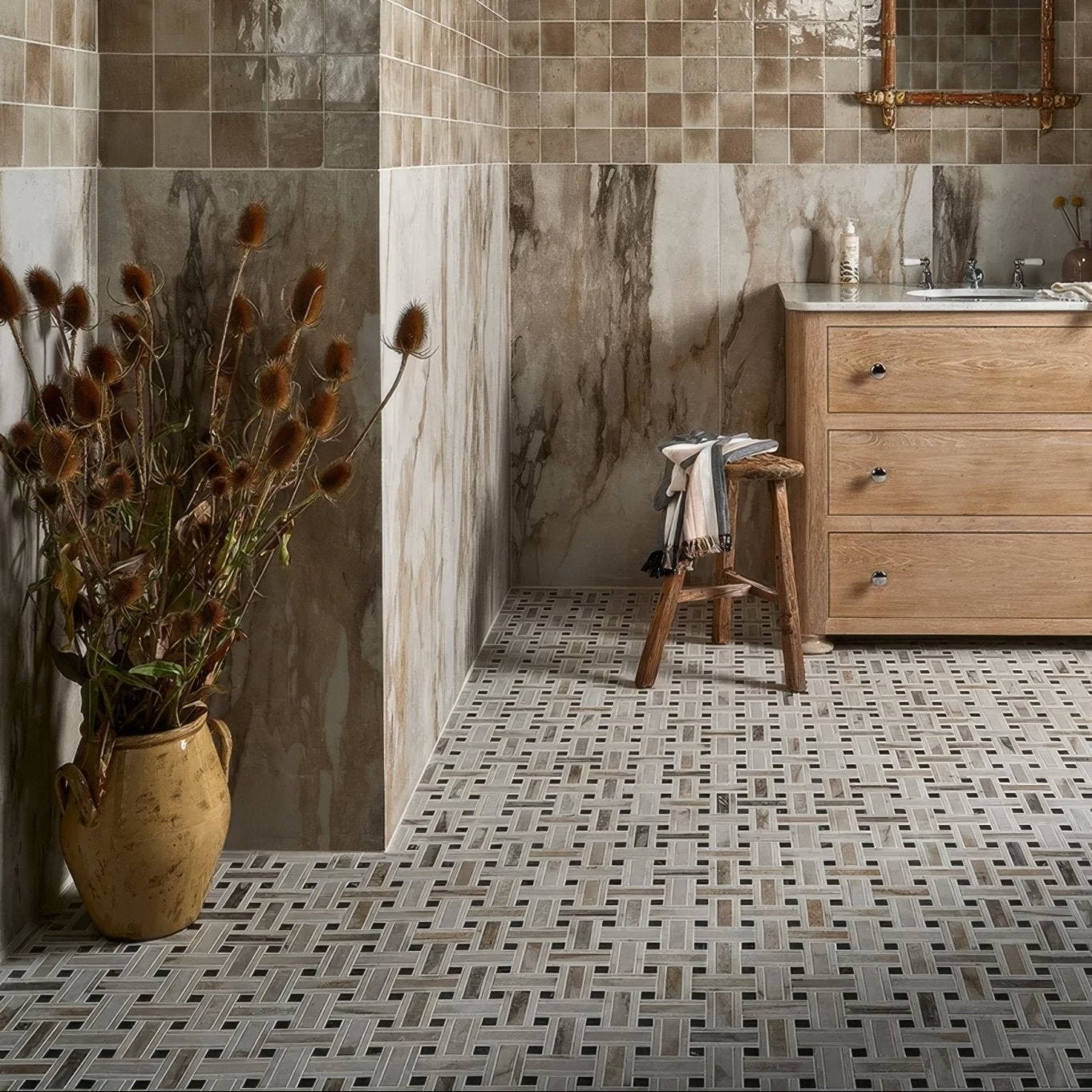 East village porcelain basketweave mosaic oro ceramic vase in rustic earth tones holding dried thistle plants