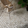 East Village Porcelain Basketweave Mosaic Oro beige and grey marble porcelain basketweave mosaic with a wicker chair