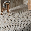 East Village porcelain basketweave mosaic tile floor with herringbone pattern in gray and black marble effect