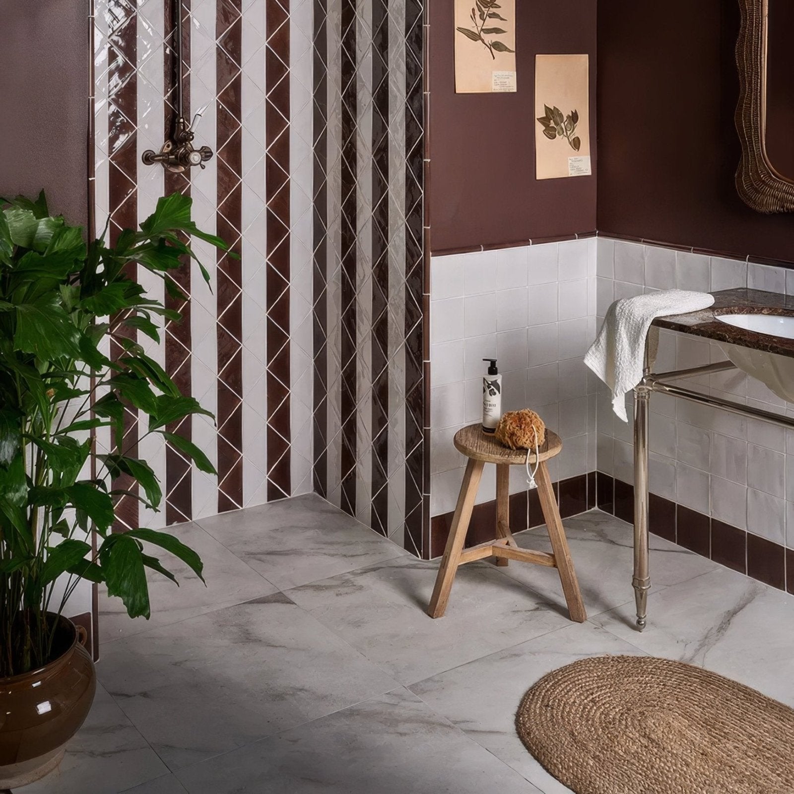 East Village Porcelain Bianco 30 x 30cm off-white marble-effect porcelain tile with a wooden three-legged stool
