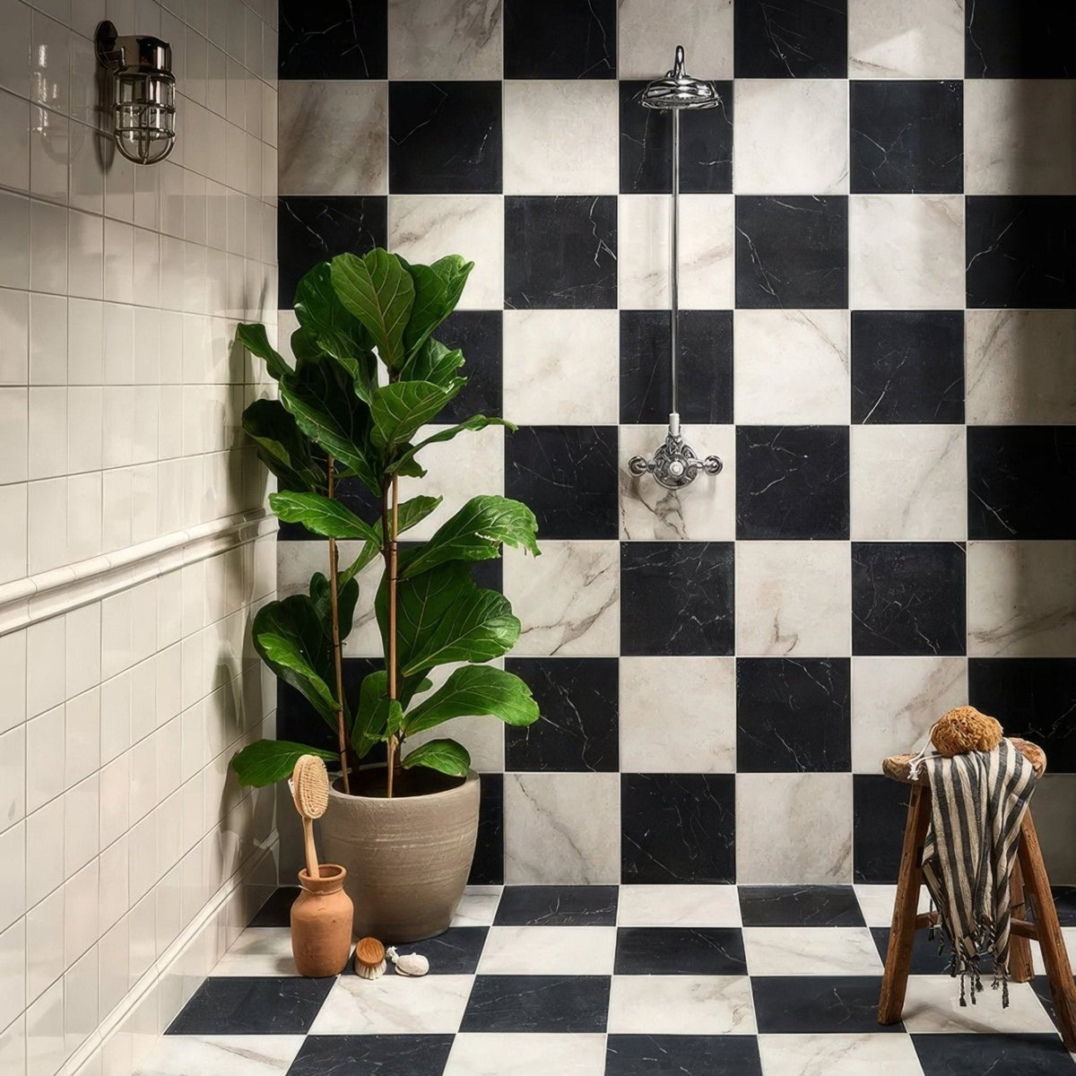 East Village Porcelain Bianco 30 x 30cm marble-effect porcelain flooring with a fiddle leaf fig in a grey pot