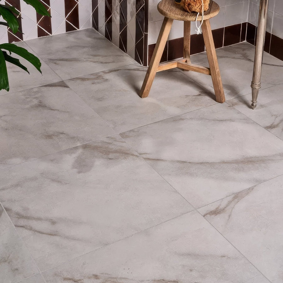 East village porcelain bianco 60 x 60cm white marble-effect floor tiles with subtle gray veining for indoor use