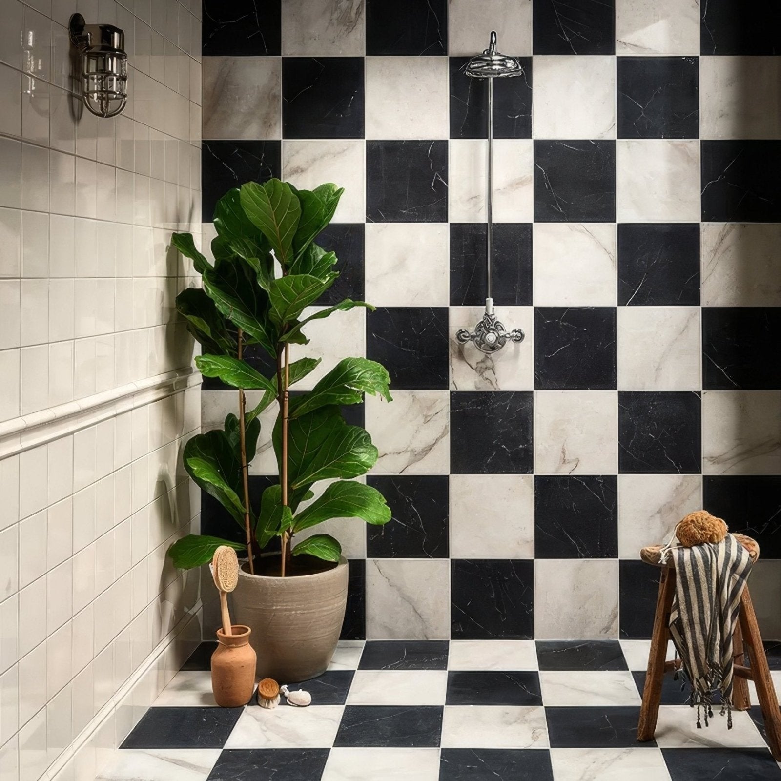 East Village Porcelain Nero 30 x 30cm black and white marble-effect tiles with a fiddle leaf fig