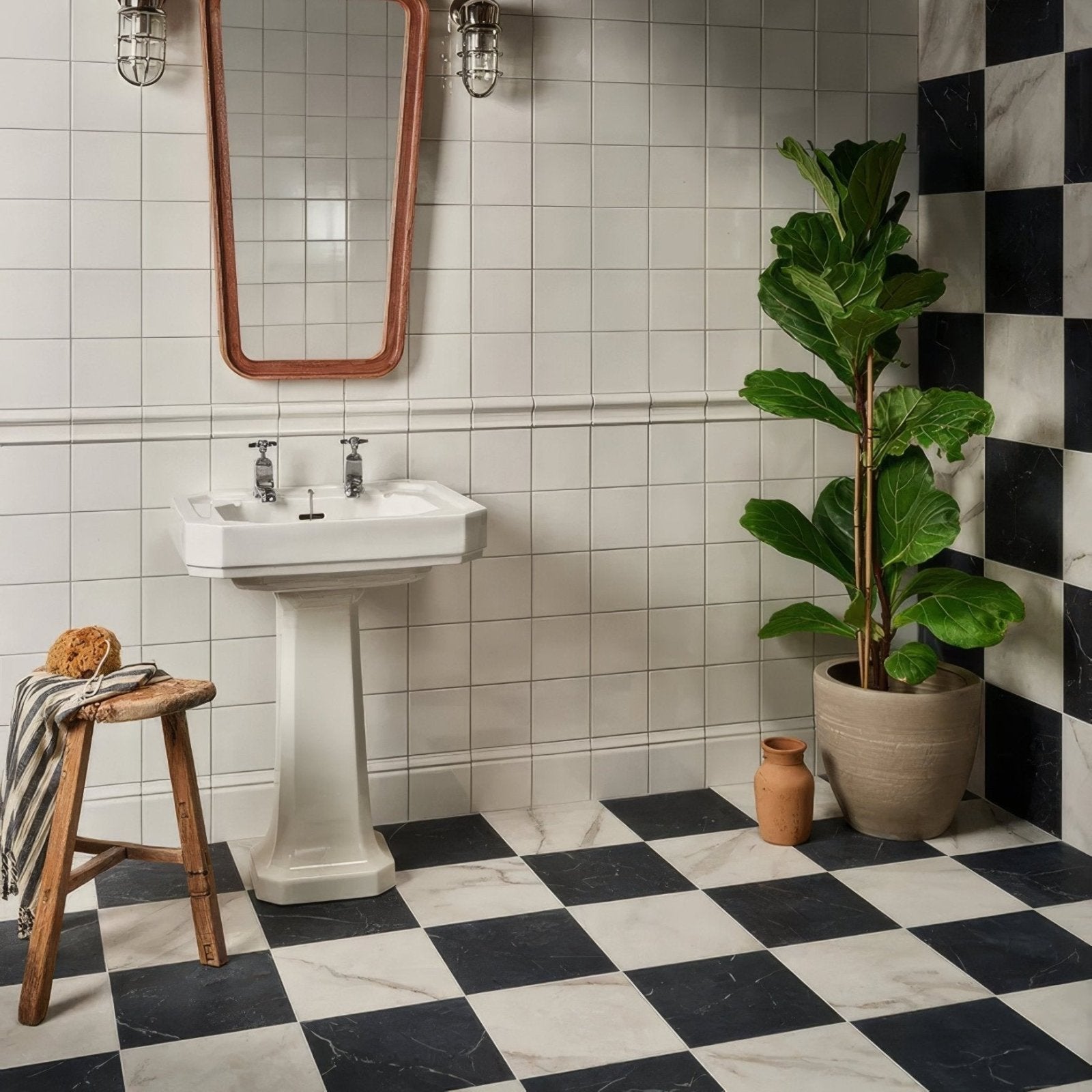 East Village Porcelain Nero 60 x 60cm black marble-effect porcelain tile with a white pedestal sink