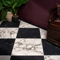 Black and white marble-effect checkered East Village porcelain Nero floor tiles 60 x 60cm for stylish interiors
