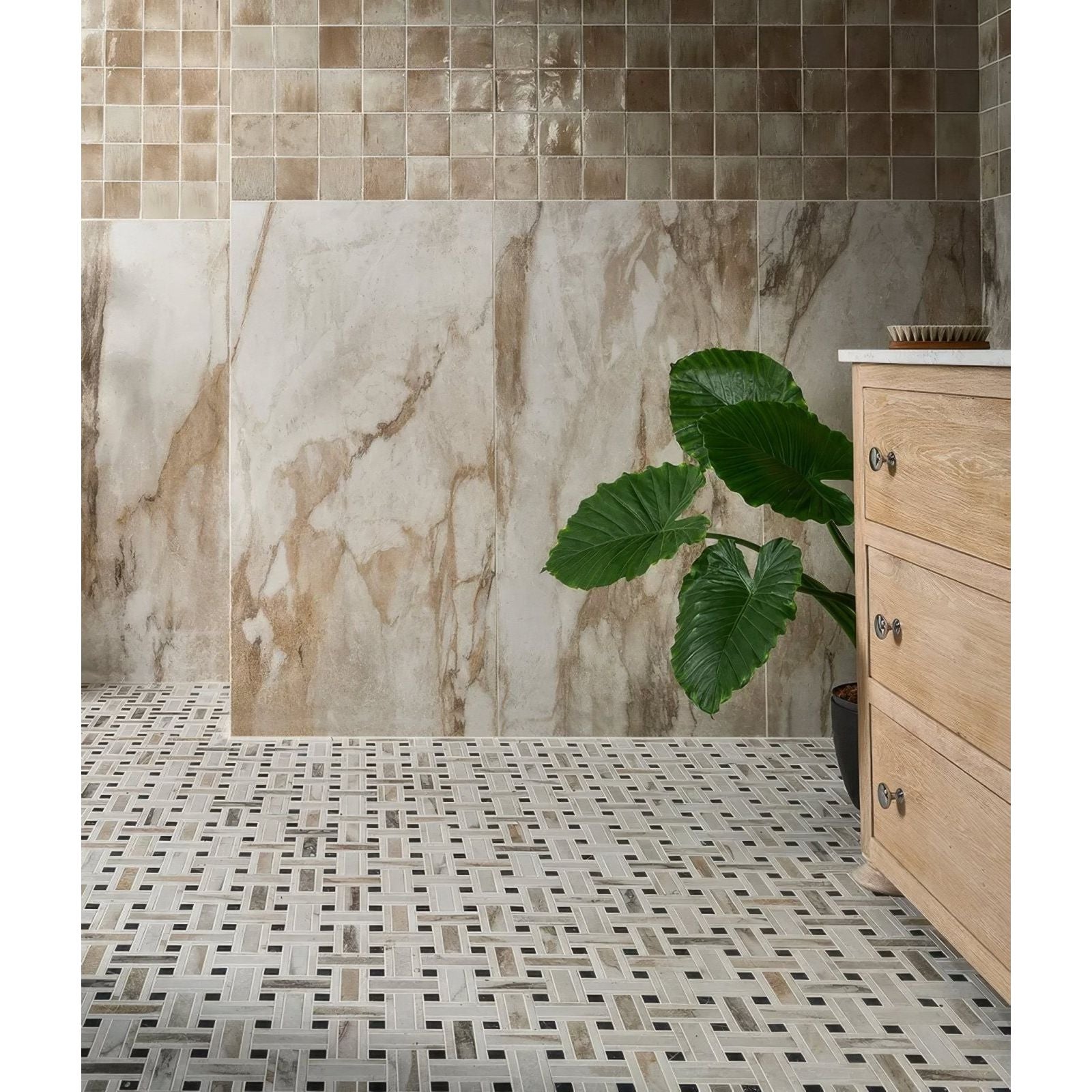 Beige and gray marble-effect porcelain wall tiles with subtle veining east village oro 60 x 120cm
